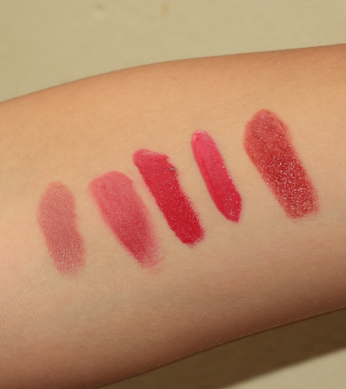 Left to right: Make Your Move, Tulip, Quince, Strawberry Jam, Firm Pink