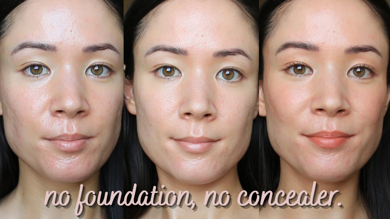 a collage of michelle's face. Left to right: no makeup, just primer, with makeup.